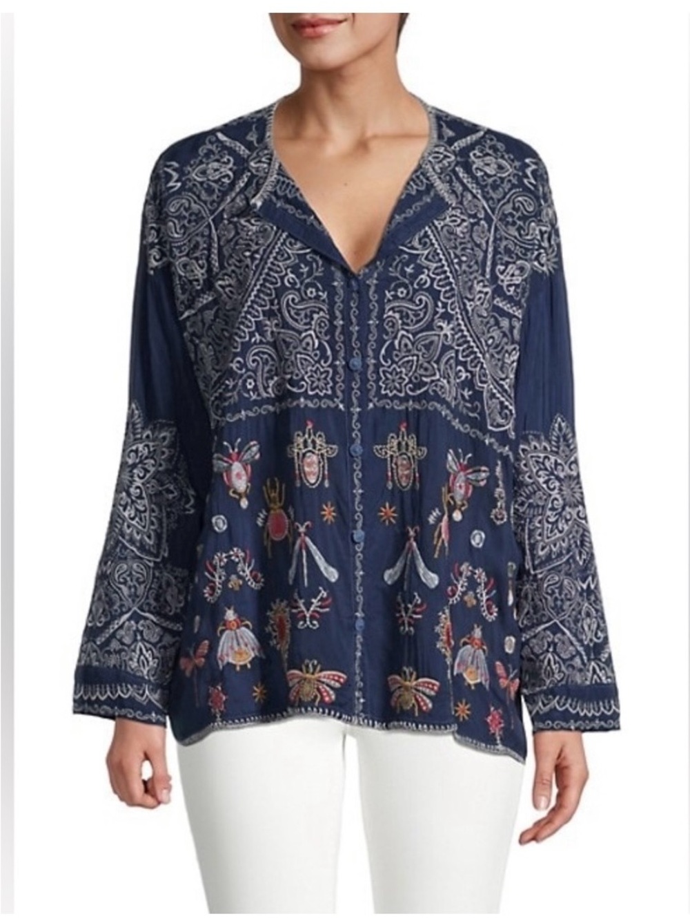 Johnny Was Renenutet Navy Embroidered V-Neck  Blouse with Multi-Color Accents